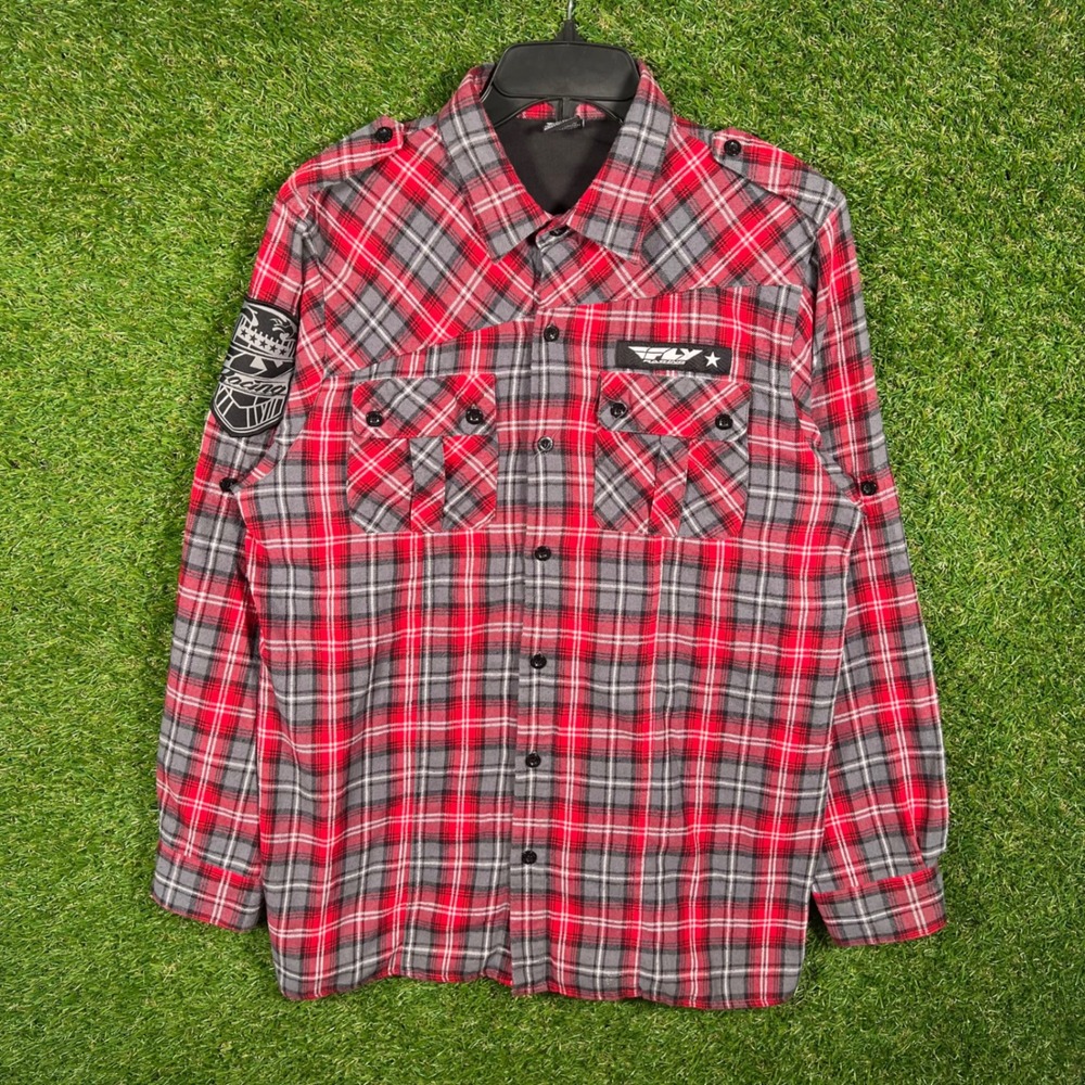 Fly Racing Mens Small‎ Red Grey Plaid Flannel Button Down Motocross Shirt 2992